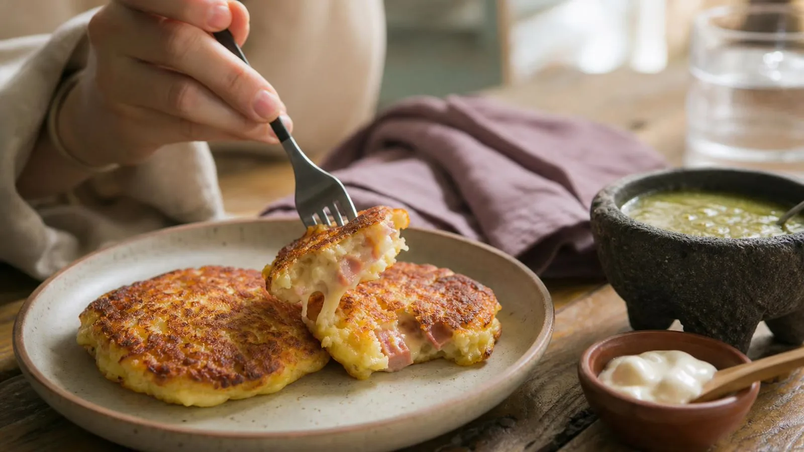 Tortitas de papa con jamon y queso servidas con crema y salsa en mesa casera