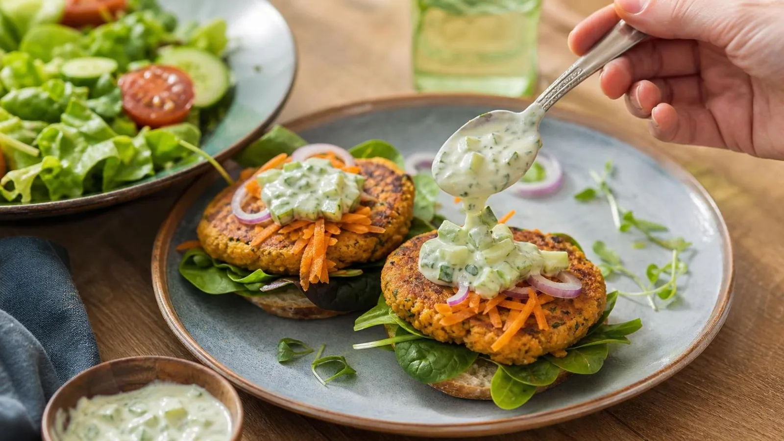 Hamburguesas de garbanzo y zanahoria servidas con salsa fresca de pepino en mesa casera