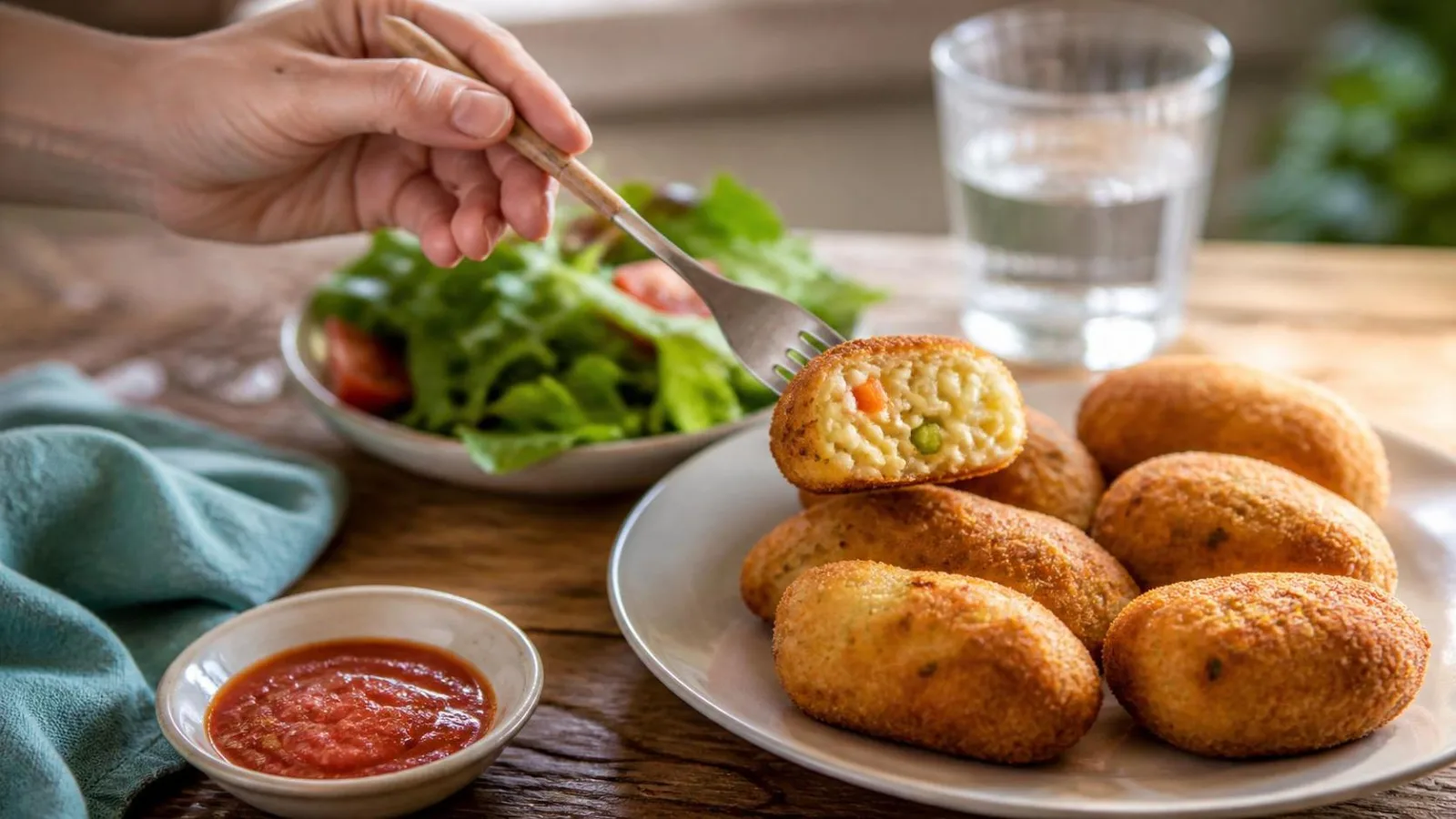 Croquetas de arroz con queso y verduras servidas en mesa casera con salsa y limon