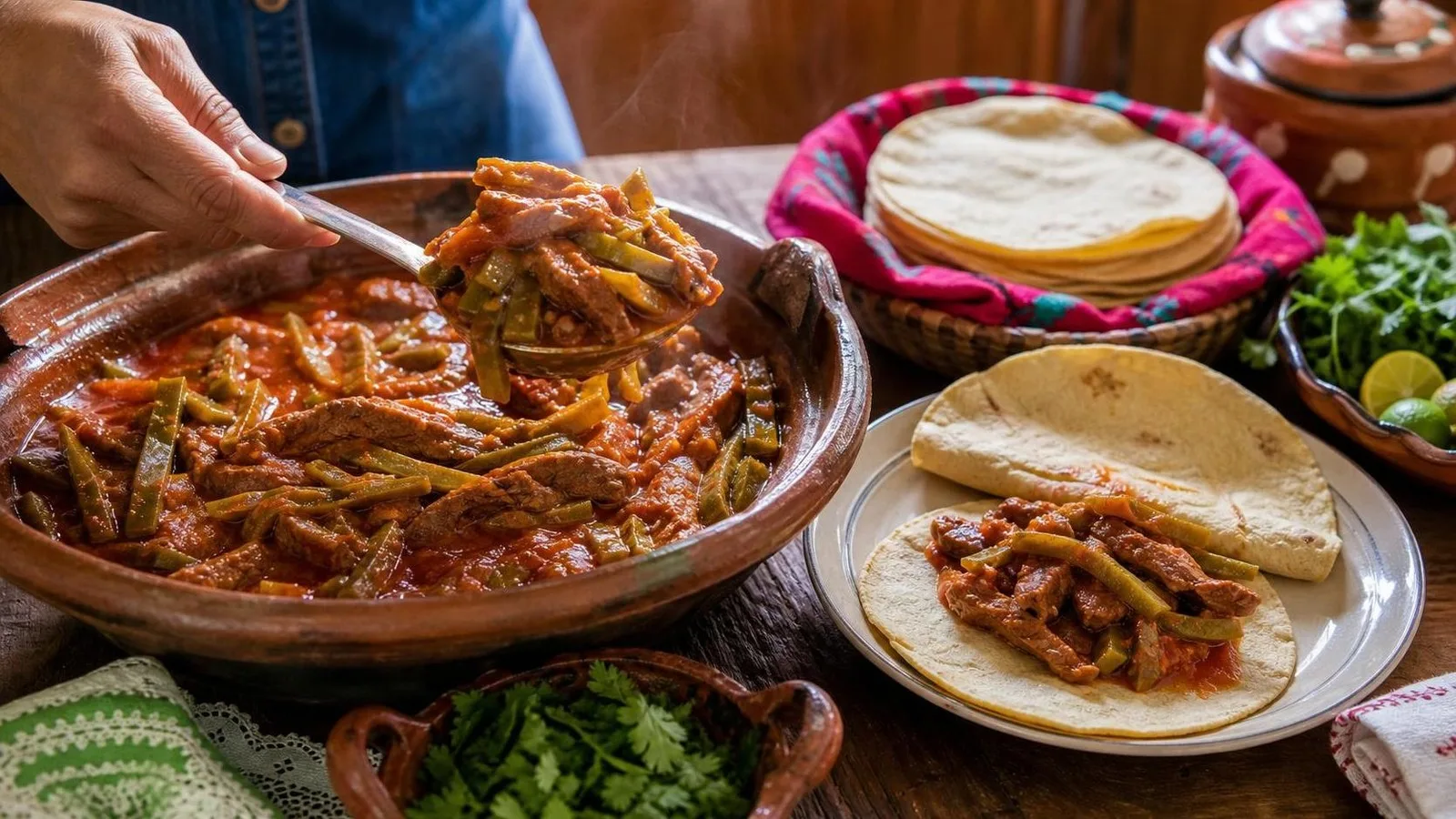 Tiras de res con nopales y salsa roja servidas con tortillas en mesa casera