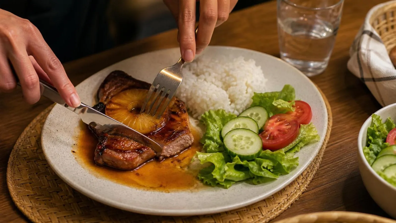 Chuletas de cerdo con piña servidas en mesa casera con arroz y salsa ligera