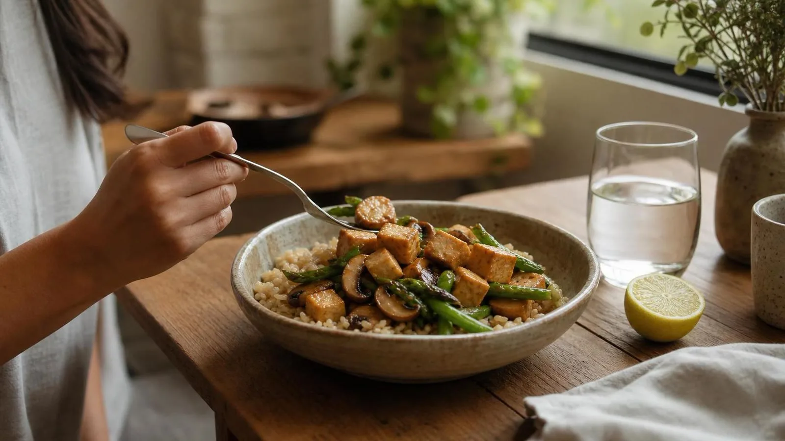 Tofu dorado con champinones y ejotes servido sobre arroz integral en mesa casera