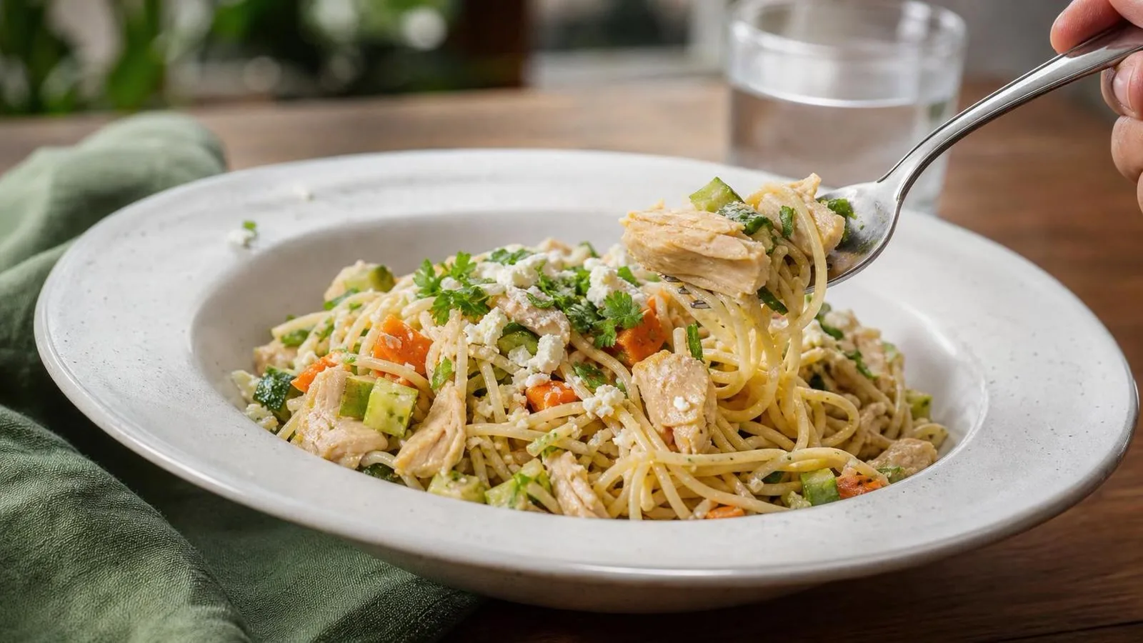 Fideos secos con pollo y verduras servidos en mesa casera con cuchara y acompañamientos