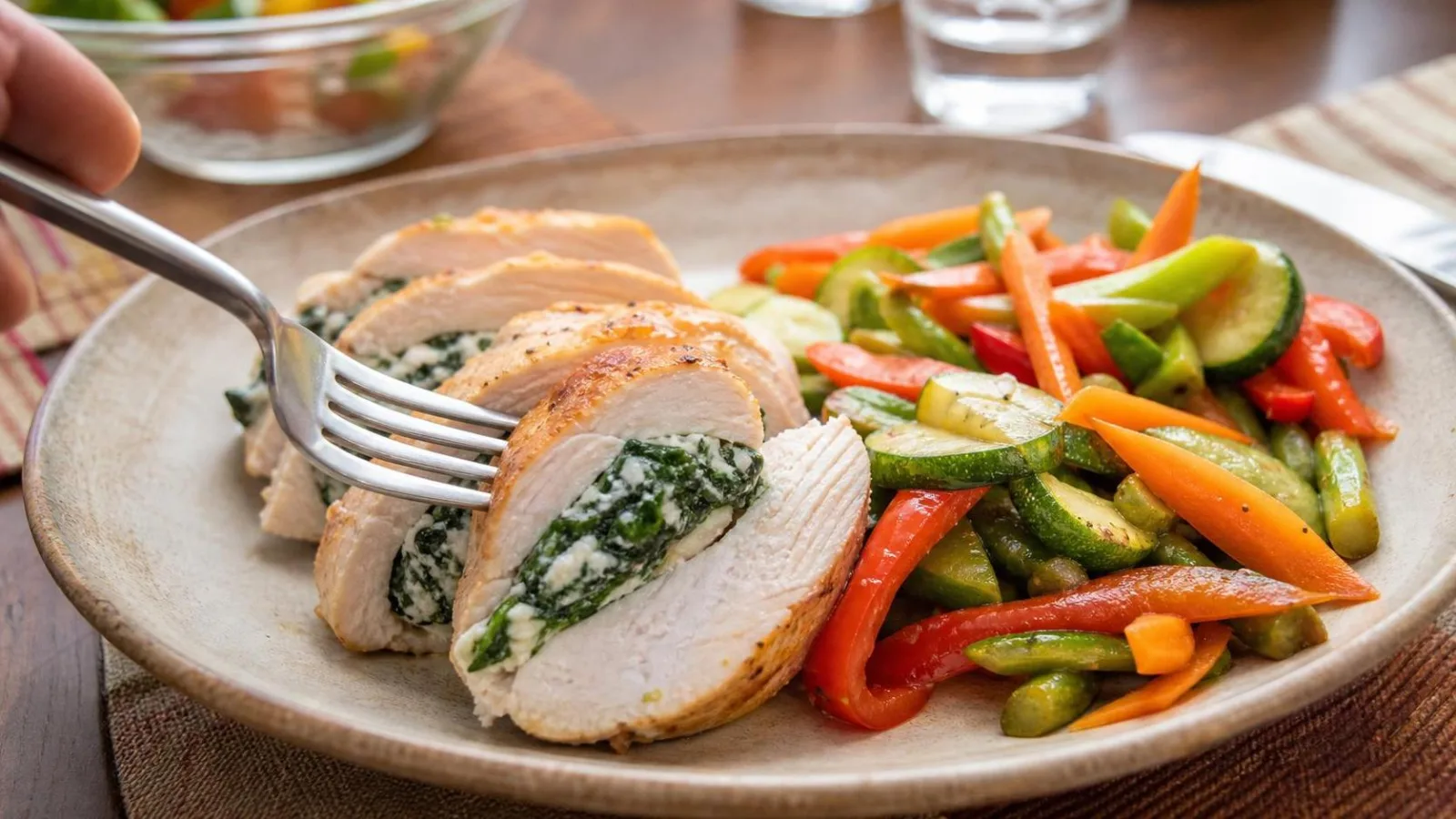 Pechuga de pollo rellena de espinacas y requeson servida con ensalada en mesa casera