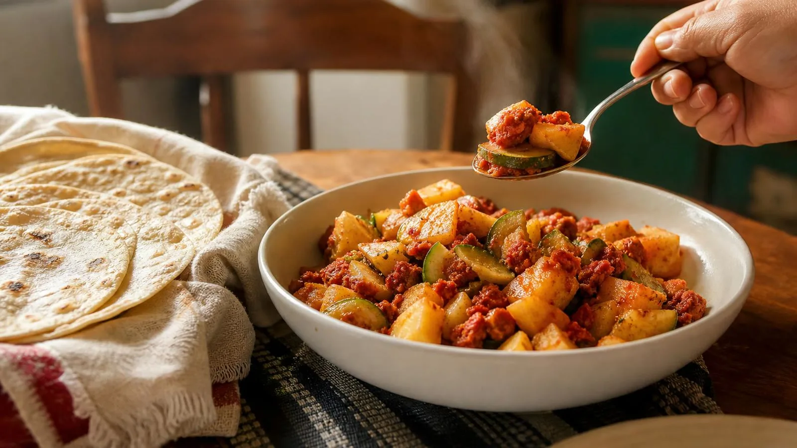 Papas con chorizo y calabacitas servidas en mesa casera con tortillas y cuchara