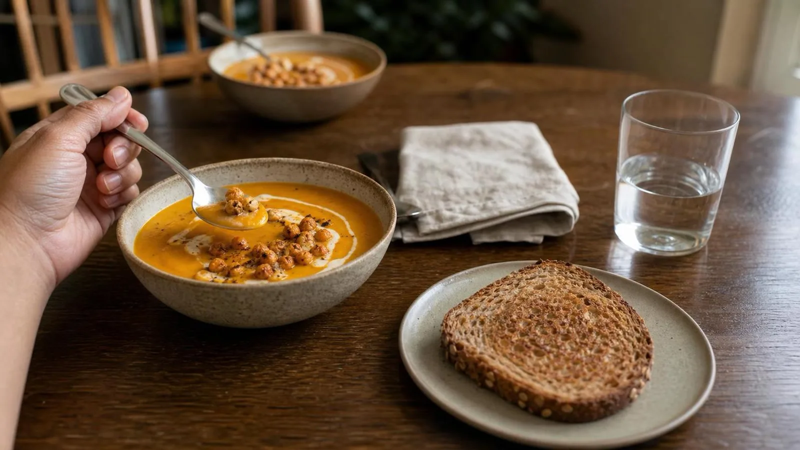 Crema de zanahoria y jengibre servida en mesa casera con cuchara