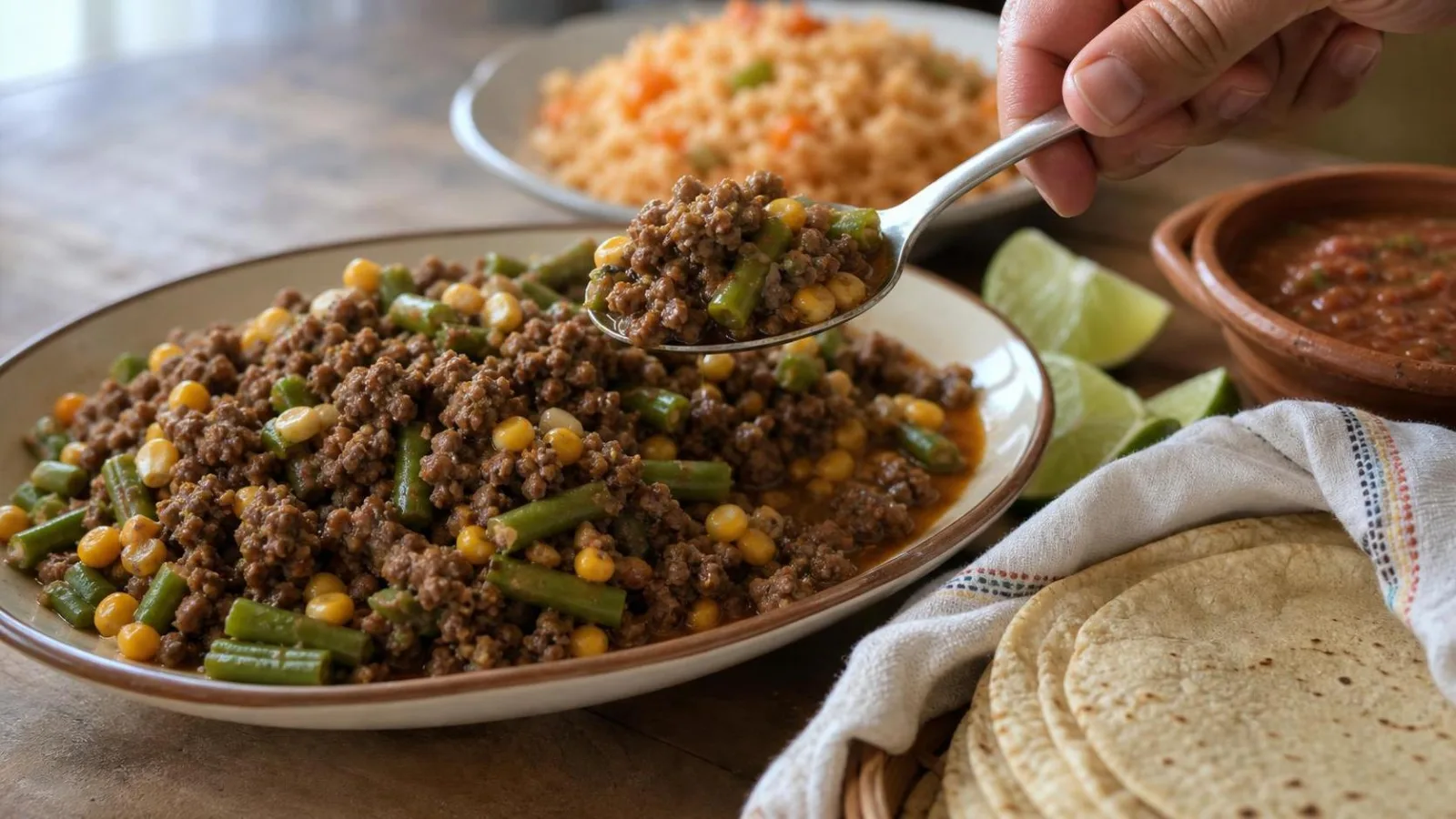 Carne molida con ejotes y elote servida en mesa casera con arroz y tortillas