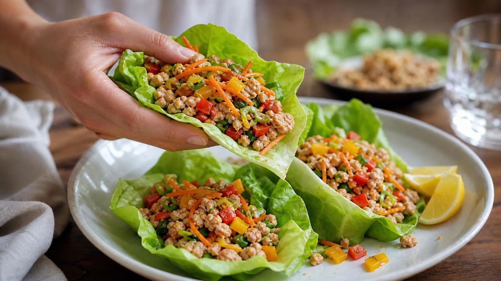 Wraps de lechuga con pavo y verduras servidos en mesa casera con limon