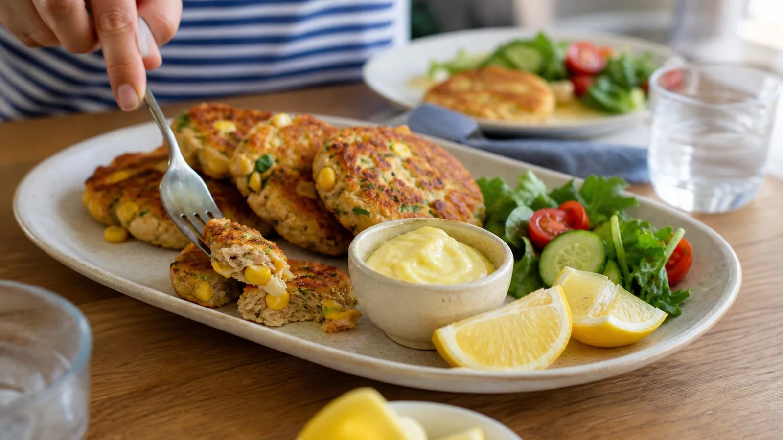 Tortitas de atún con elote servidas en mesa casera con salsa de limón y ensalada