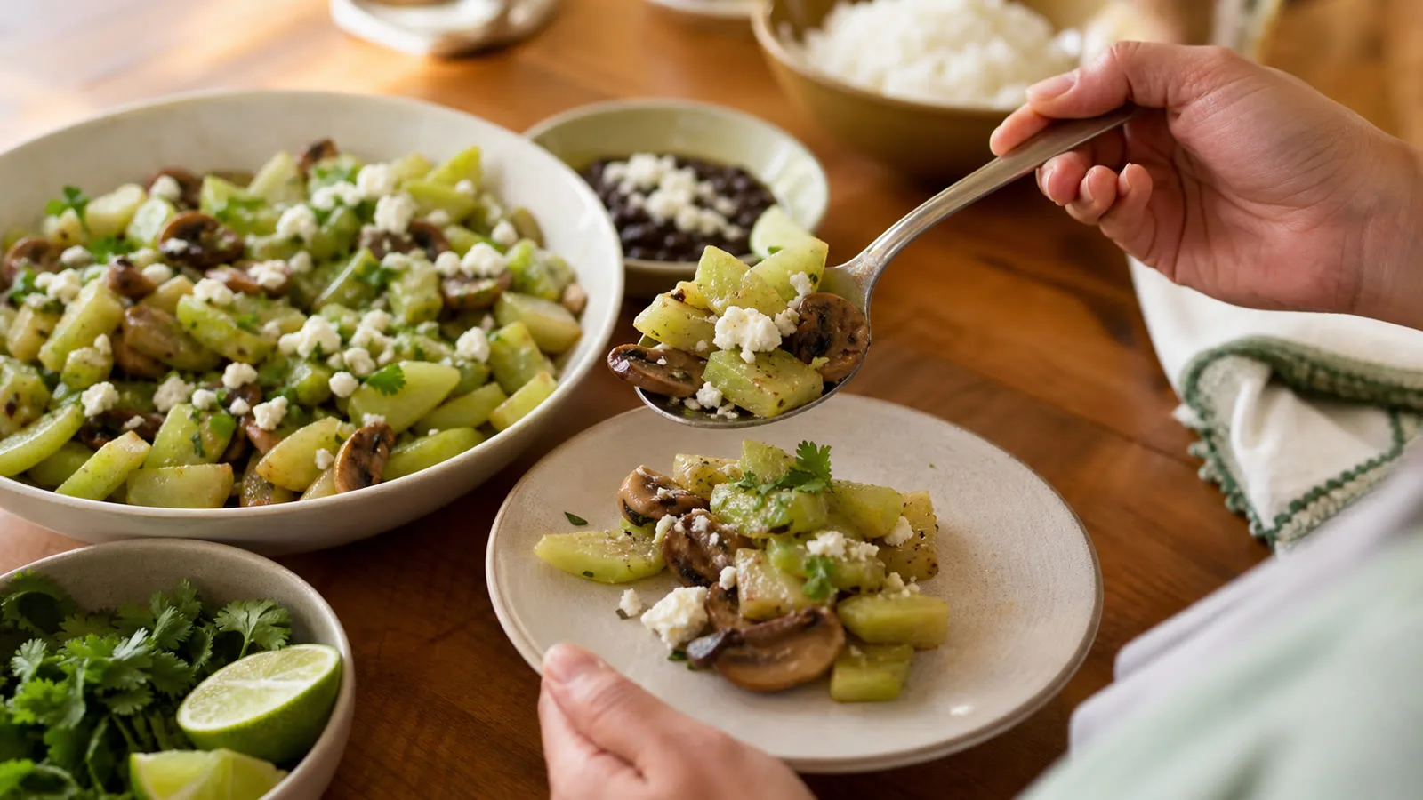 Chayotes salteados con champiñones y queso panela servidos en mesa casera