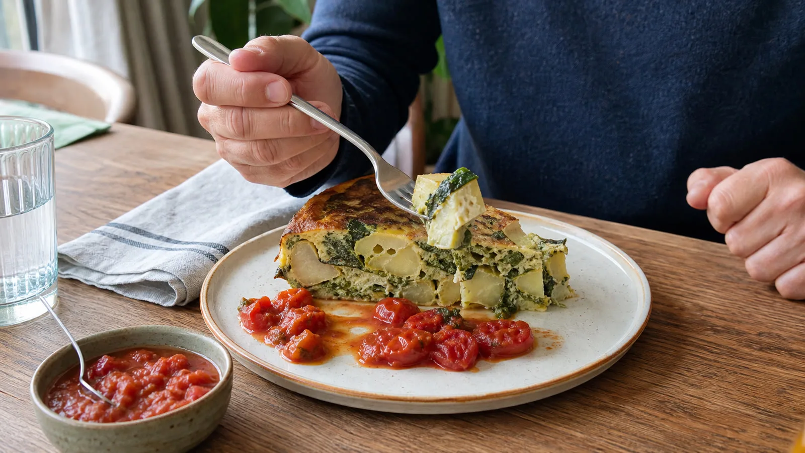 Tortilla de papa y espinaca servida en mesa casera con jitomate asado