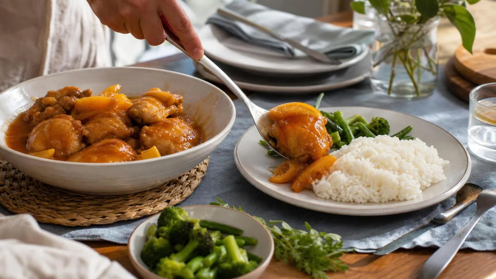 Pollo a la naranja servido con arroz blanco en mesa familiar distinto a la portada