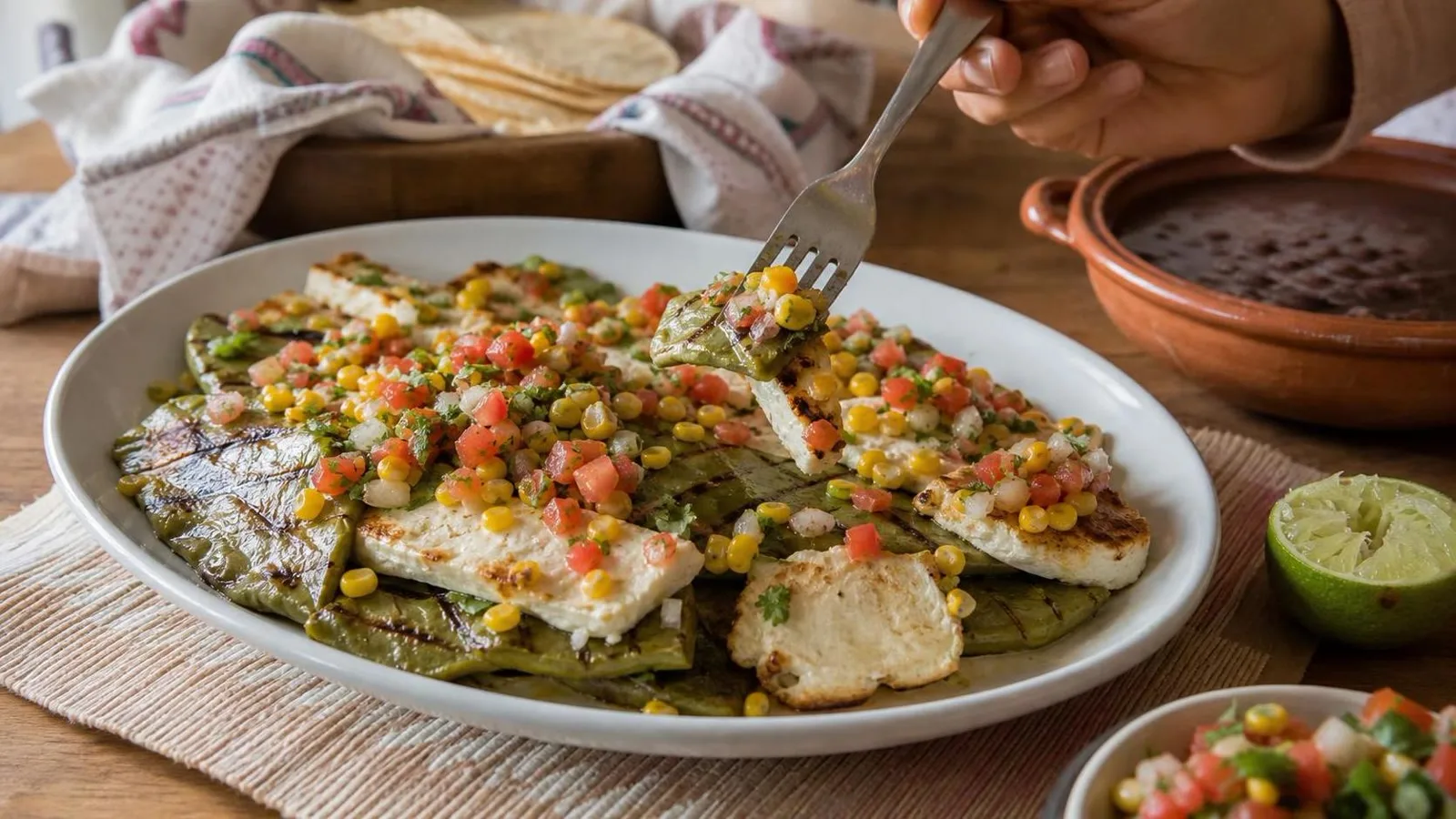 Nopales asados con queso panela y elote servidos con limon en mesa casera