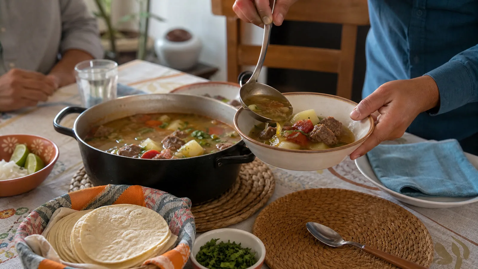 Caldillo de res con verduras servido en mesa familiar con tortillas y limón