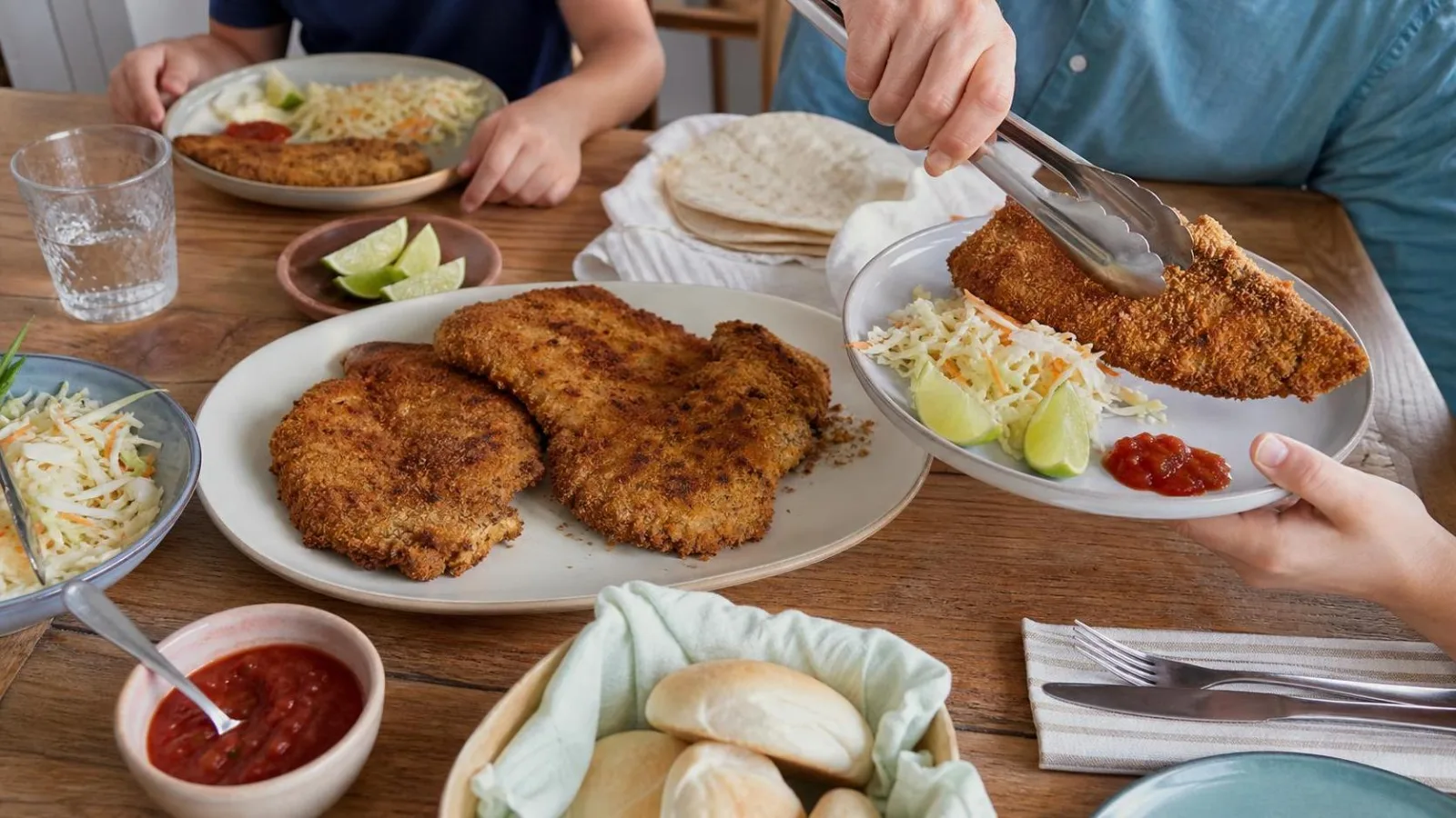 Milanesas de res crujientes servidas en mesa familiar con ensalada de repollo