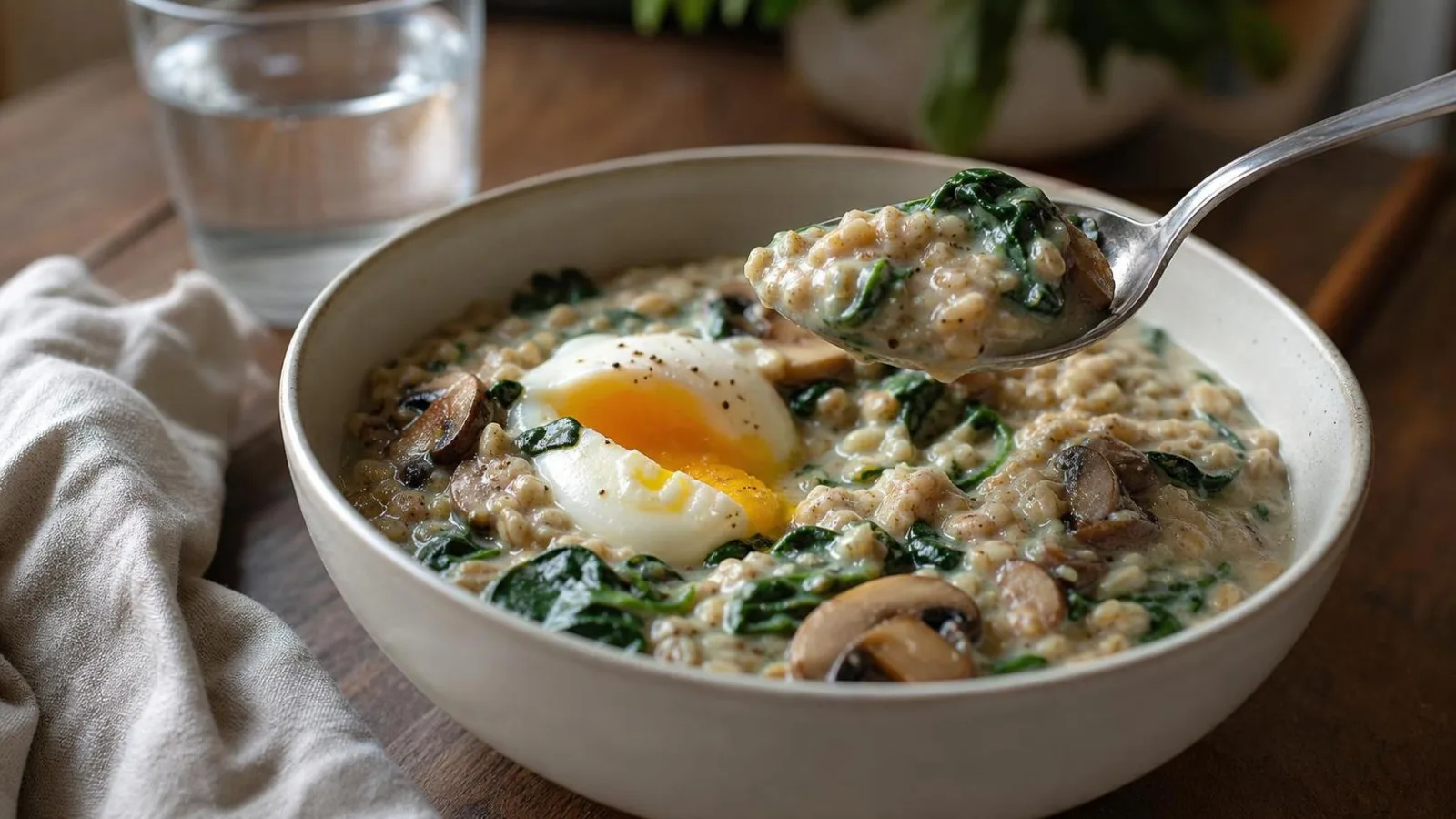 Avena salada con espinacas champiñones y huevo suave servida en mesa casera