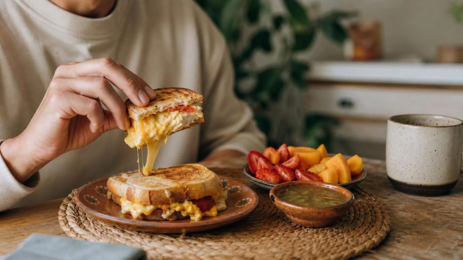 Sándwich caliente de huevo con queso y jitomate servido y cortado en mesa casera