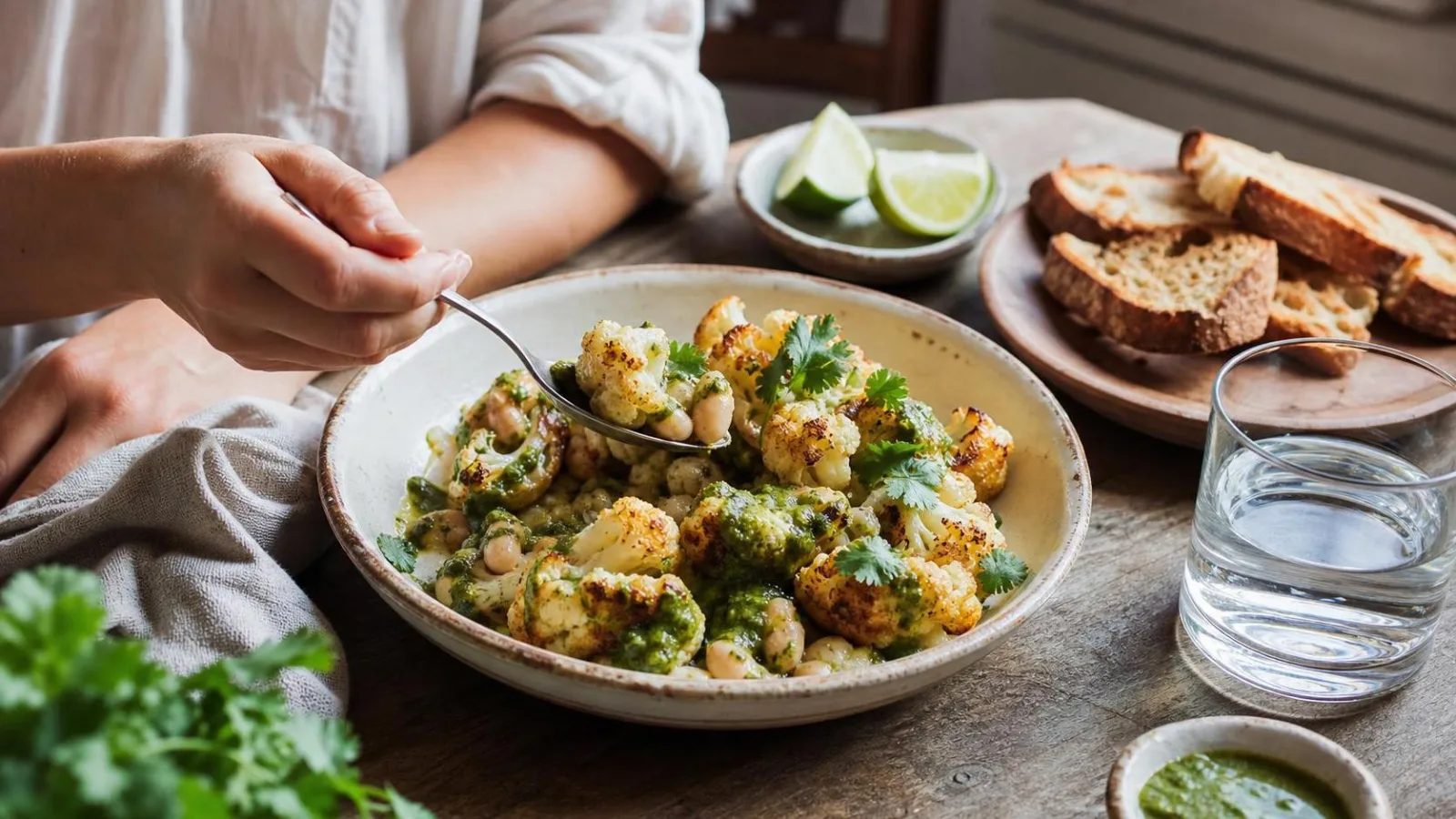 Coliflor rostizada con frijoles blancos servida en mesa casera con salsa de cilantro