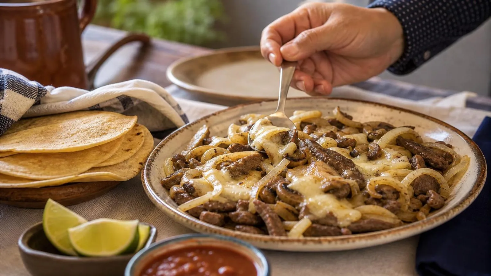 Alambre de bistec con champiñones y queso servido en mesa casera con tortillas y limón