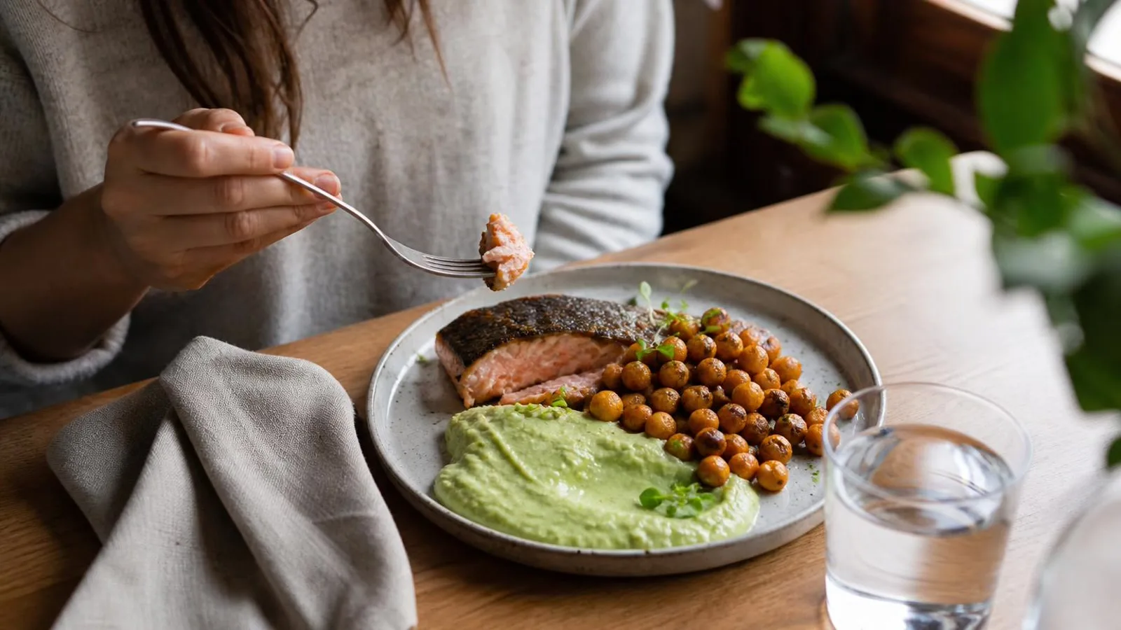 Salmon con garbanzos especiados y crema de aguacate servido en mesa casera con cubiertos