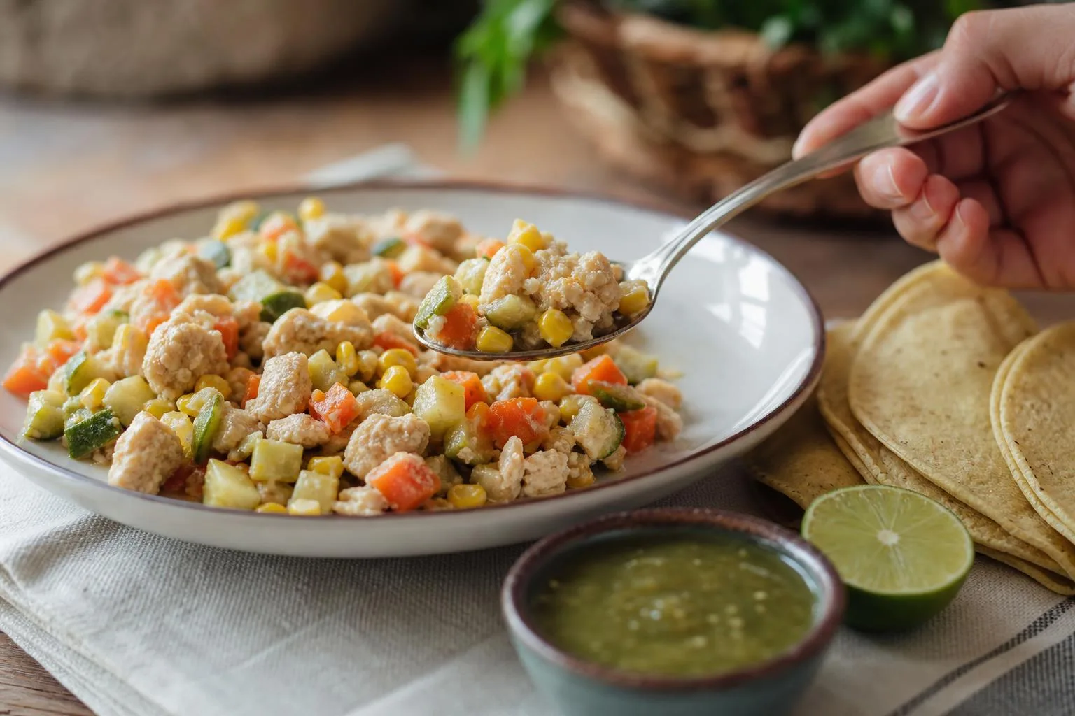 Picadillo blanco de pollo servido en mesa casera con tortillas limon y cuchara