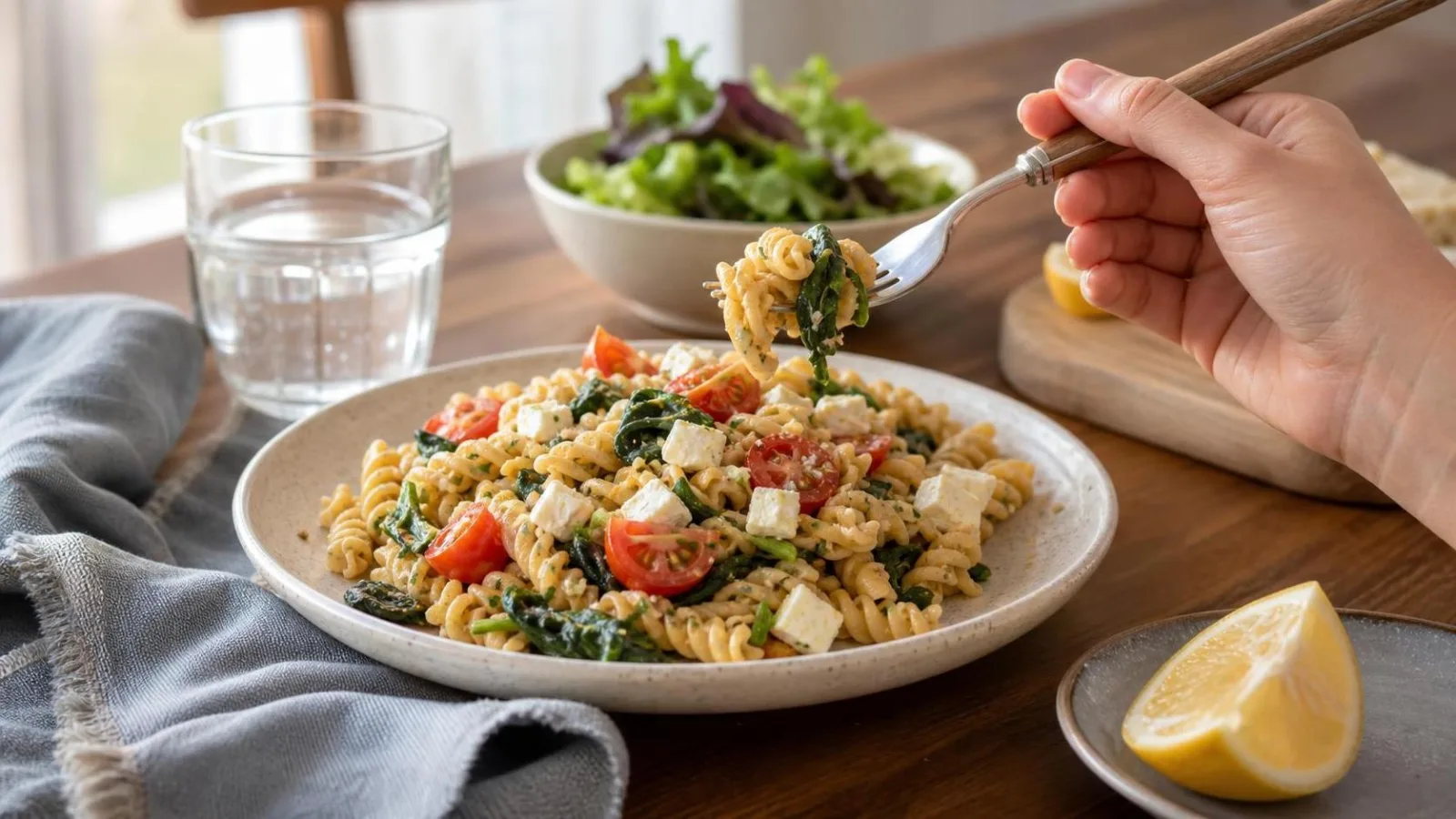 Pasta de lenteja roja con espinacas jitomate cherry y queso panela servida en mesa casera con tenedor