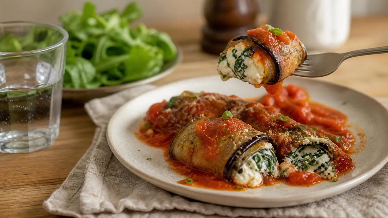 Rollitos de berenjena con requeson y espinaca servidos con salsa de jitomate en mesa casera