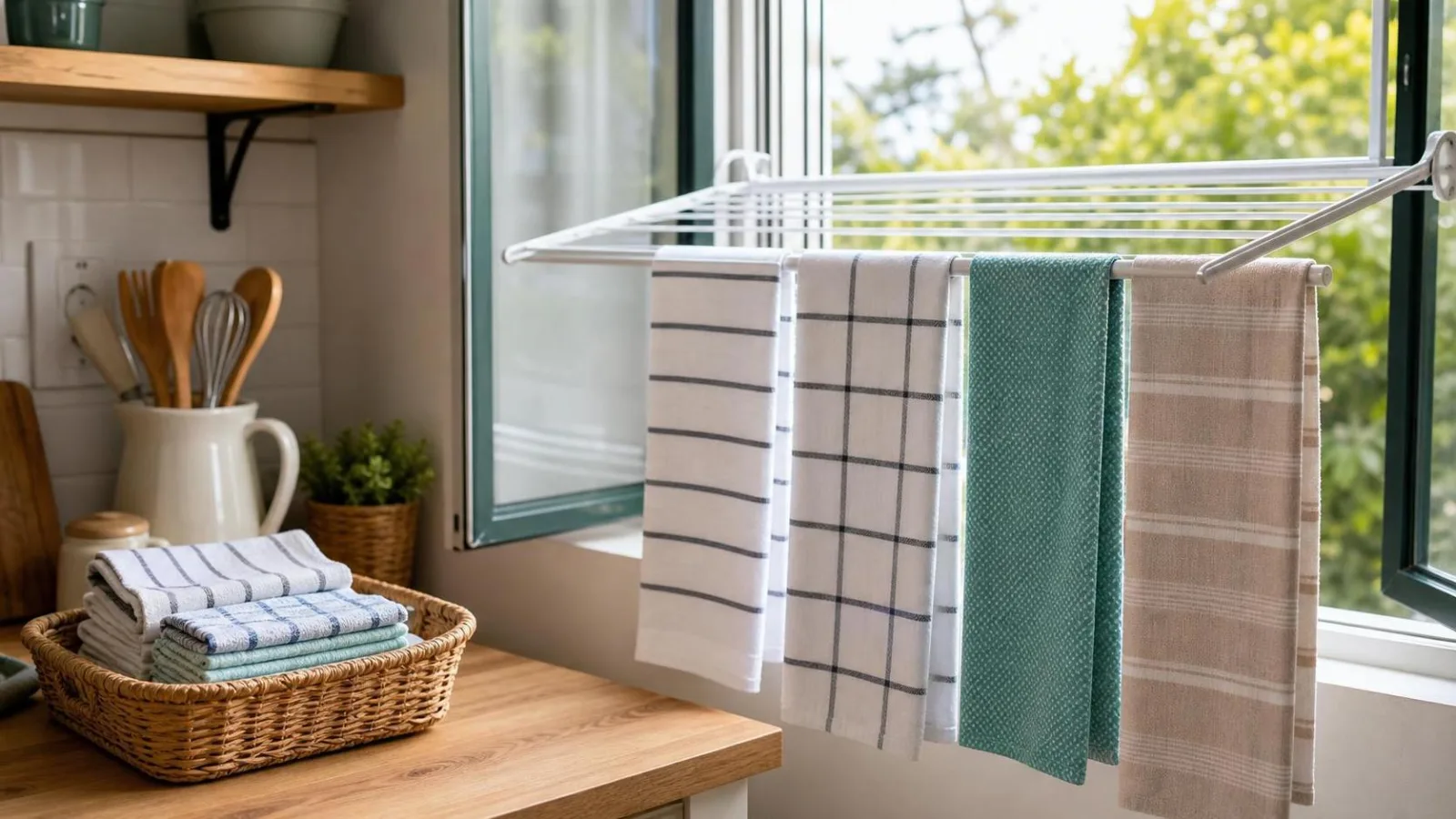 Trapos de cocina limpios y secos colgados con buena ventilacion despues del lavado