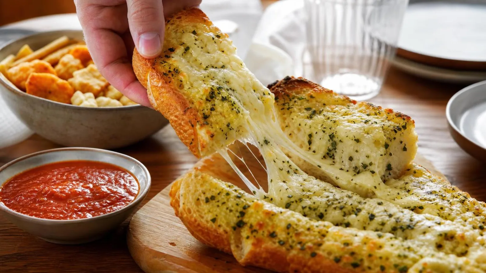 Pan de ajo con queso servido en mesa casera con salsa de jitomate y manos tomando una rebanada