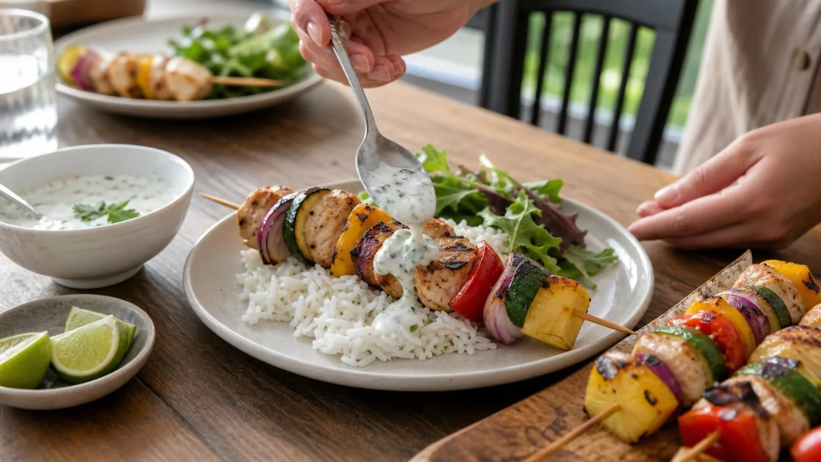 Brochetas de pavo con piña y verduras servidas con salsa de yogur en mesa casera