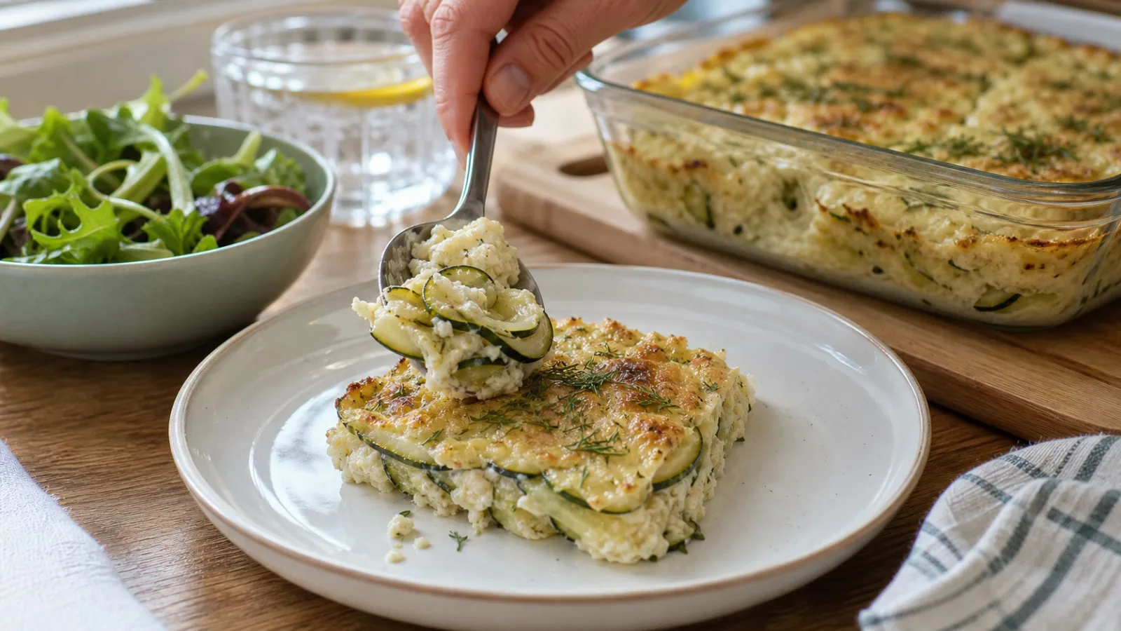 Porción de calabacitas gratinadas con avena y queso cottage servida en plato casero