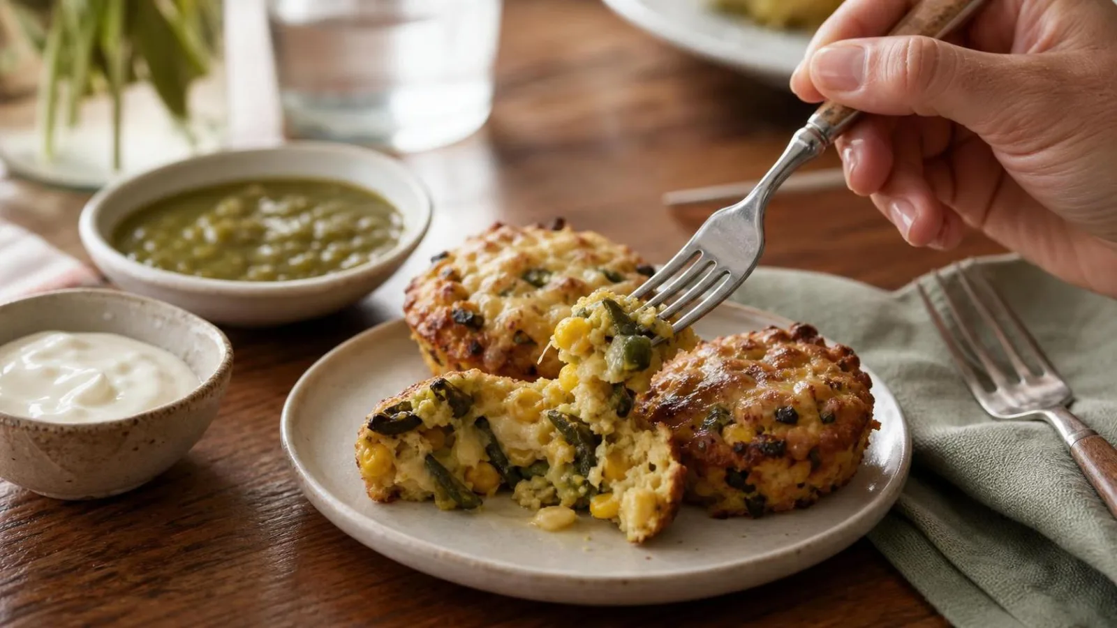 Pastelitos salados de elote con rajas y queso servidos en mesa casera distintos a la portada