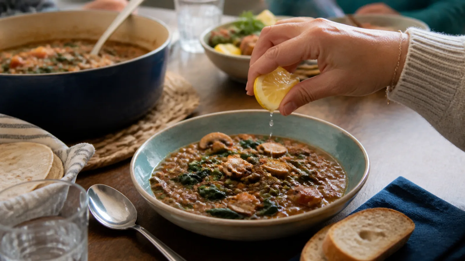 Lentejas guisadas con champinones espinacas y tomate servidas con limon en mesa casera