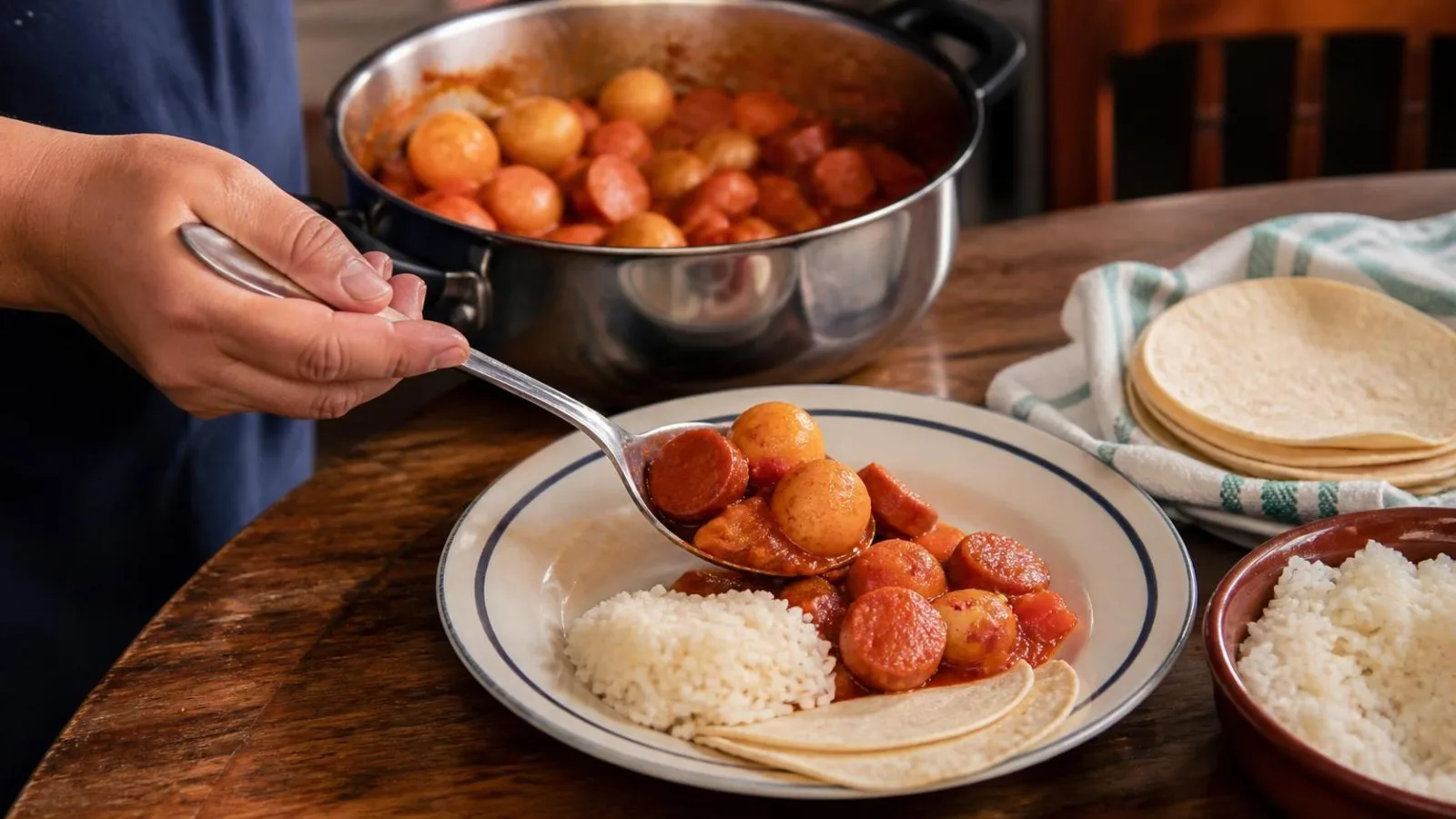 Salchichas guisadas con papas cambray servidas desde una cacerola en mesa familiar