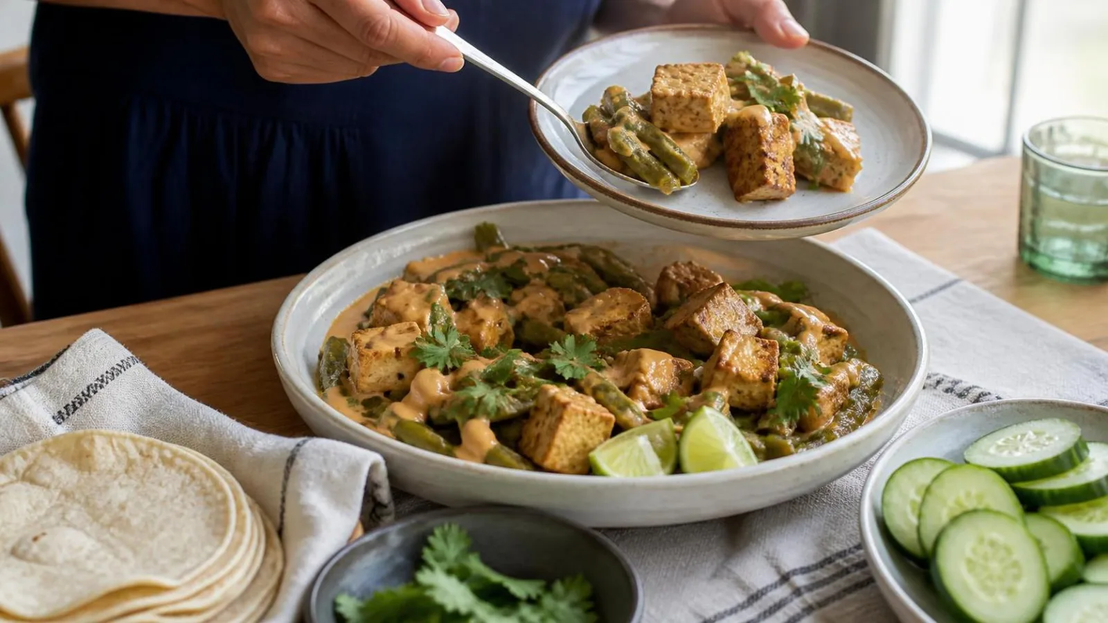 Tofu dorado con nopales y salsa de cacahuate servido en mesa casera