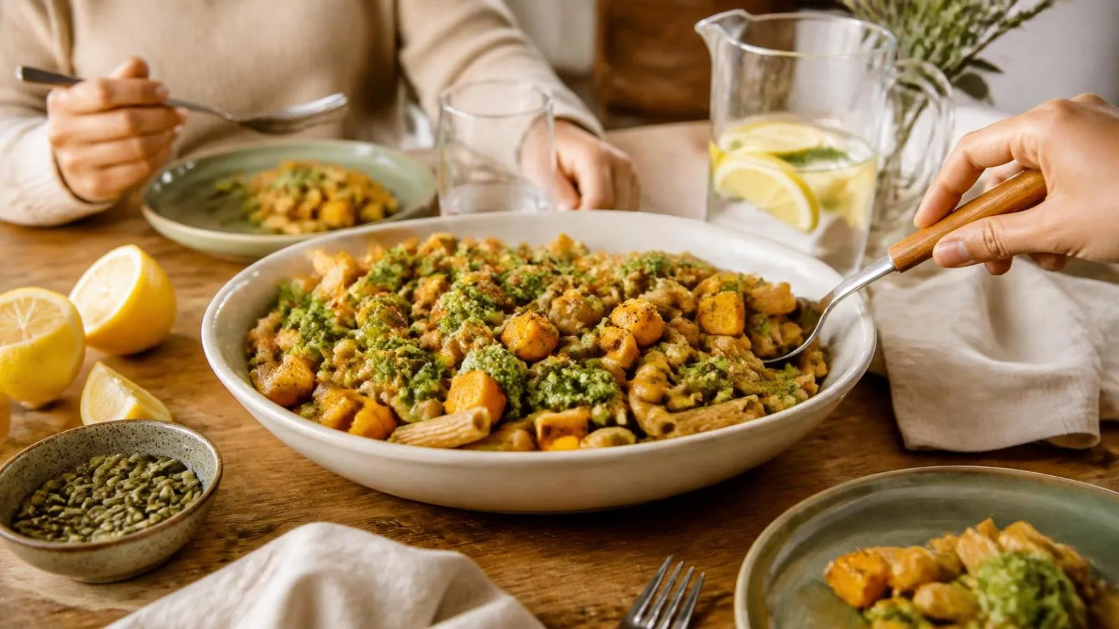 Pasta integral con calabaza garbanzos y pesto de cilantro servida en mesa casera con tenedor