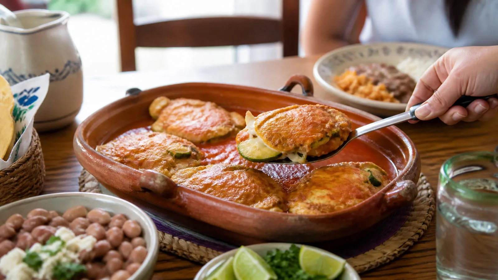 Calabacitas capeadas con queso servidas en plato con caldillo de jitomate y arroz