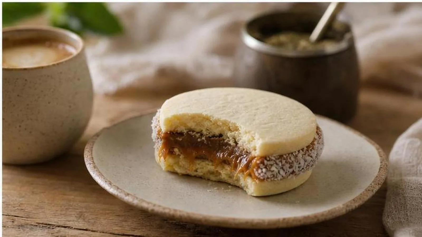 Alfajor de maicena servido con mordida visible dulce de leche y coco rallado en mesa casera