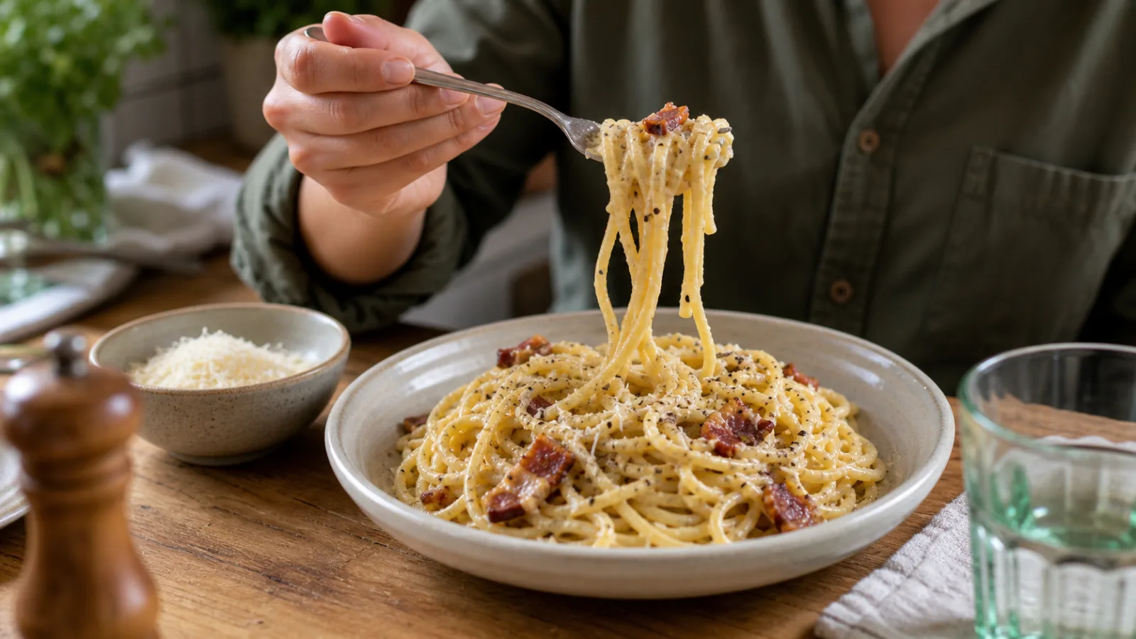 Pasta carbonara cremosa servida con queso, pimienta y guanciale crujiente en mesa casera