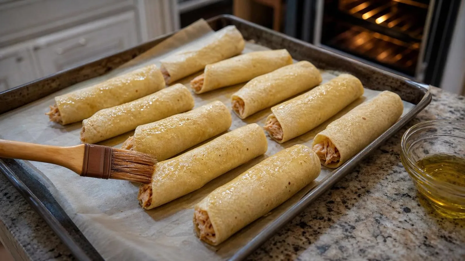 Flautas de pollo dorandose en una charola de horno en cocina casera