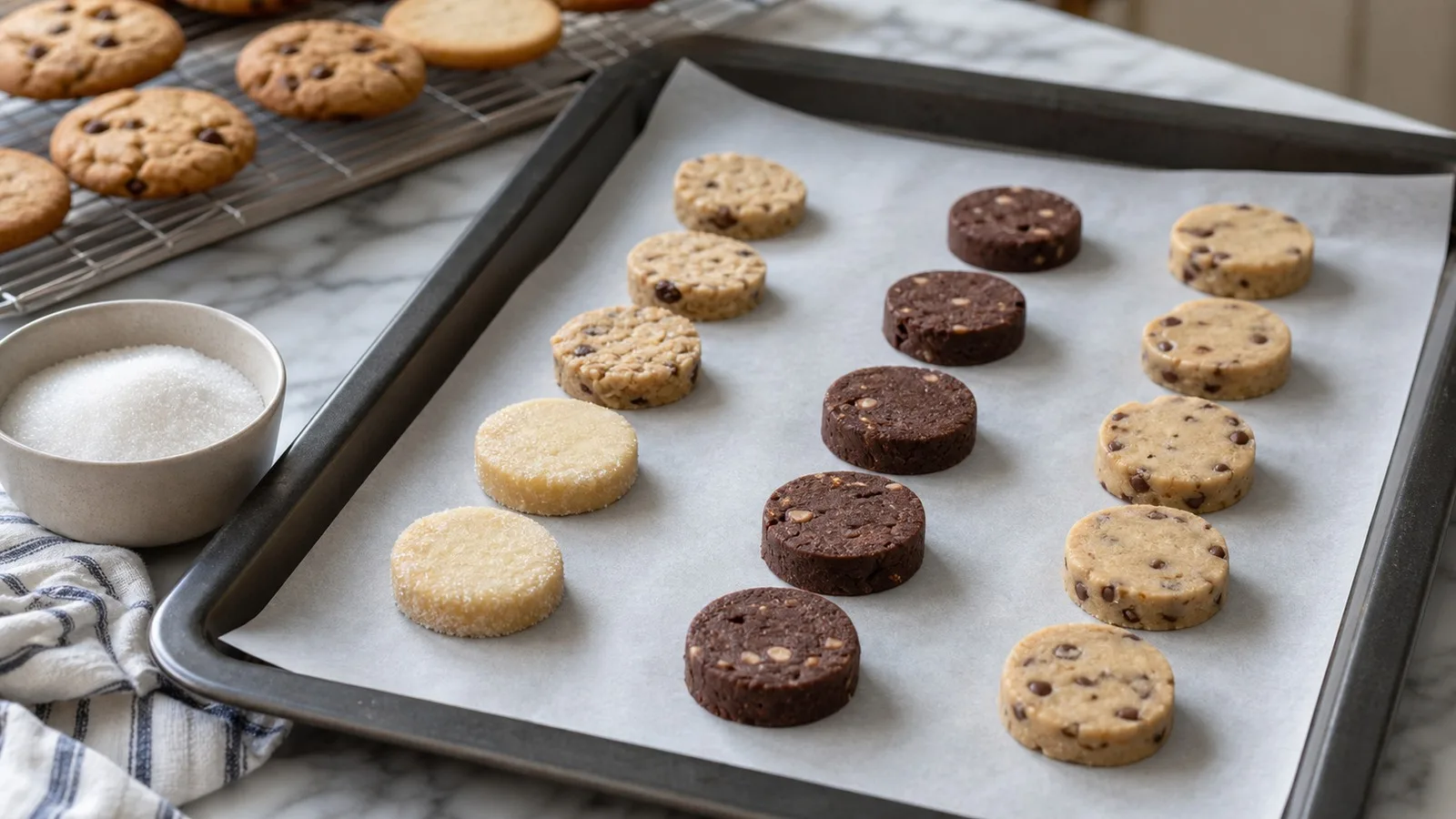 Galletas de masa refrigerada cortadas y listas para hornear