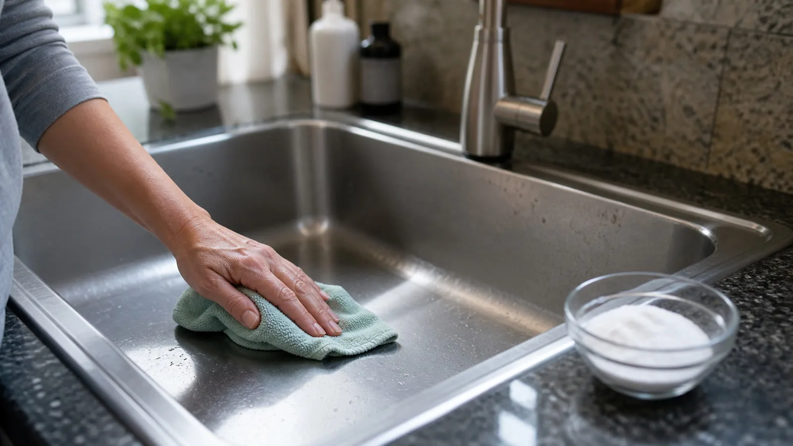 Limpieza casera de manchas de agua en fregadero de acero inoxidable con pano suave