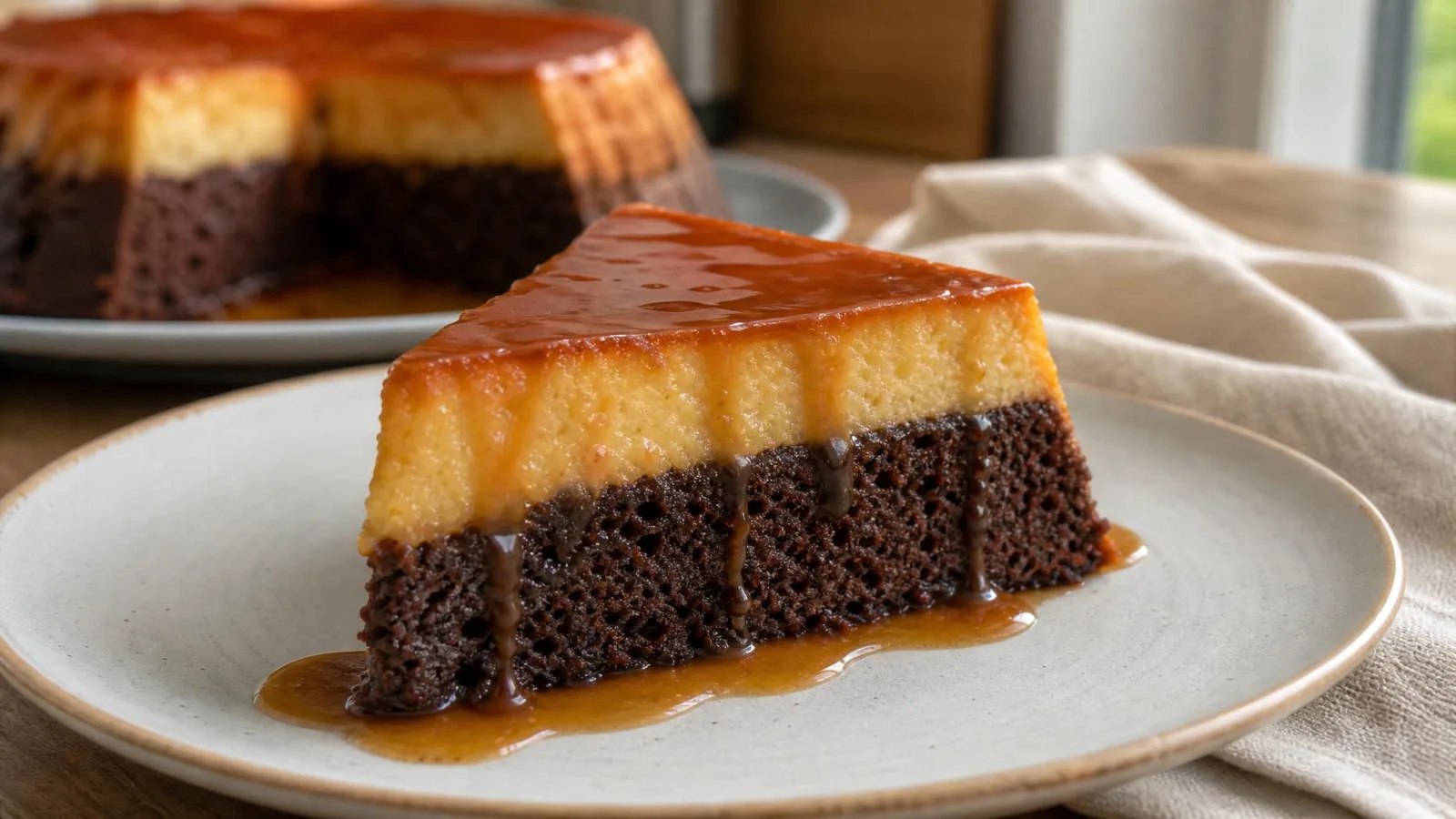 Rebanada triangular de chocoflan casero servida con flan, pastel de chocolate y caramelo