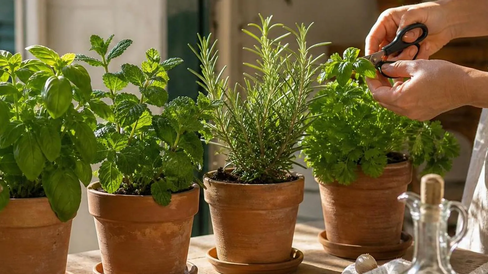 Hierbas aromaticas en macetas siendo regadas y cortadas junto a una ventana