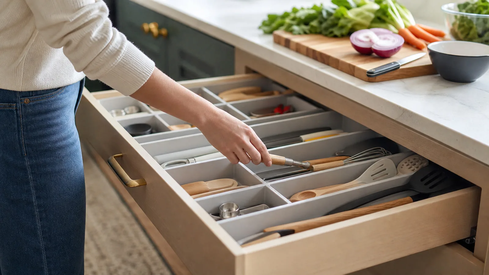Persona tomando un utensilio de un cajon de cocina ya organizado con separadores