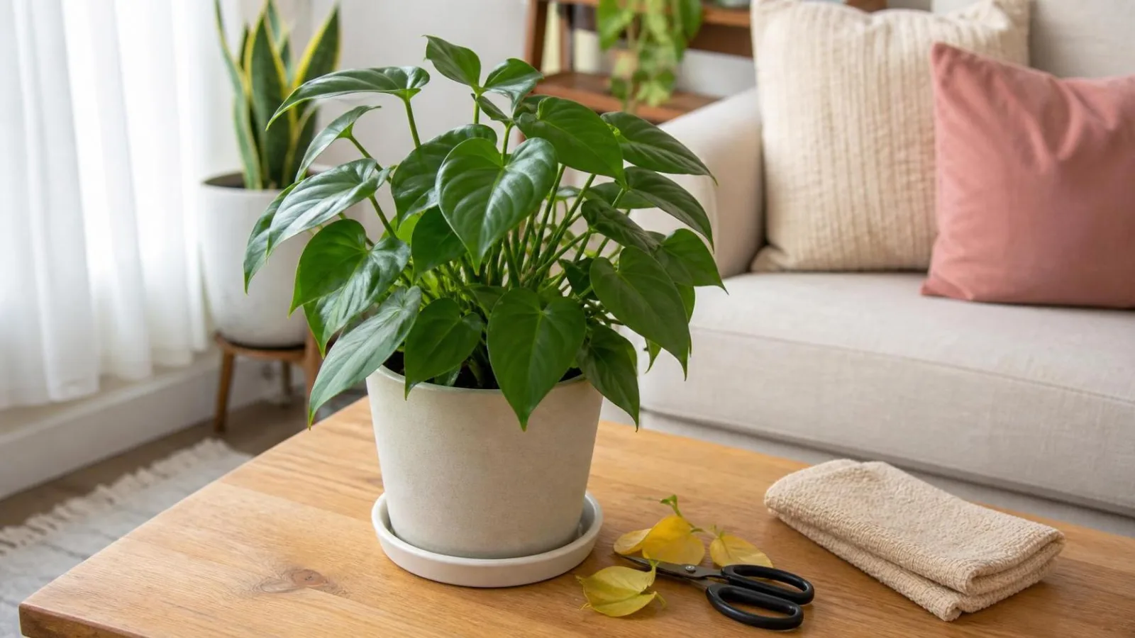 Planta de interior cuidada después de retirar hojas amarillas