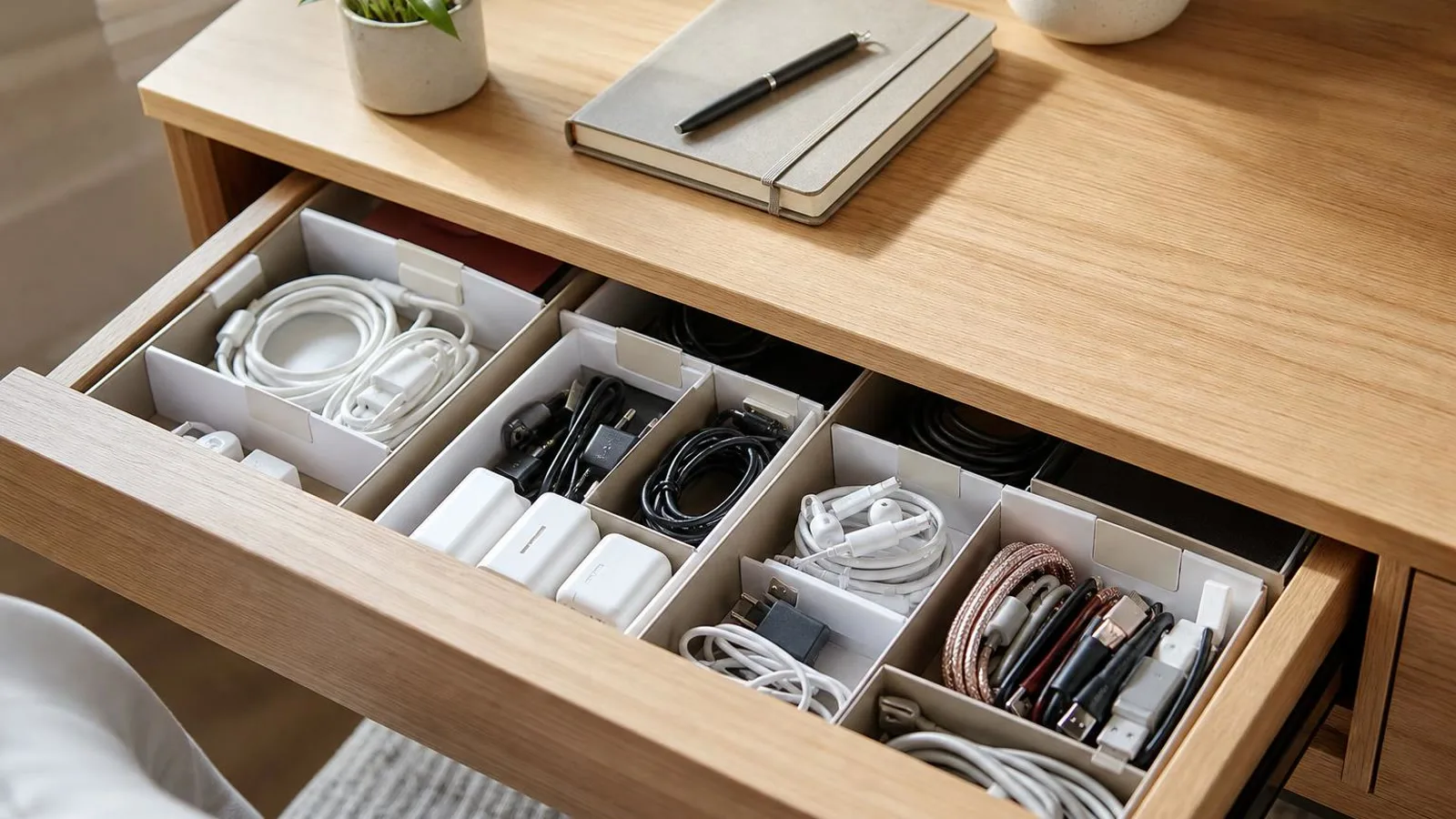 Cajón organizado con cables cargadores etiquetas y separadores en casa