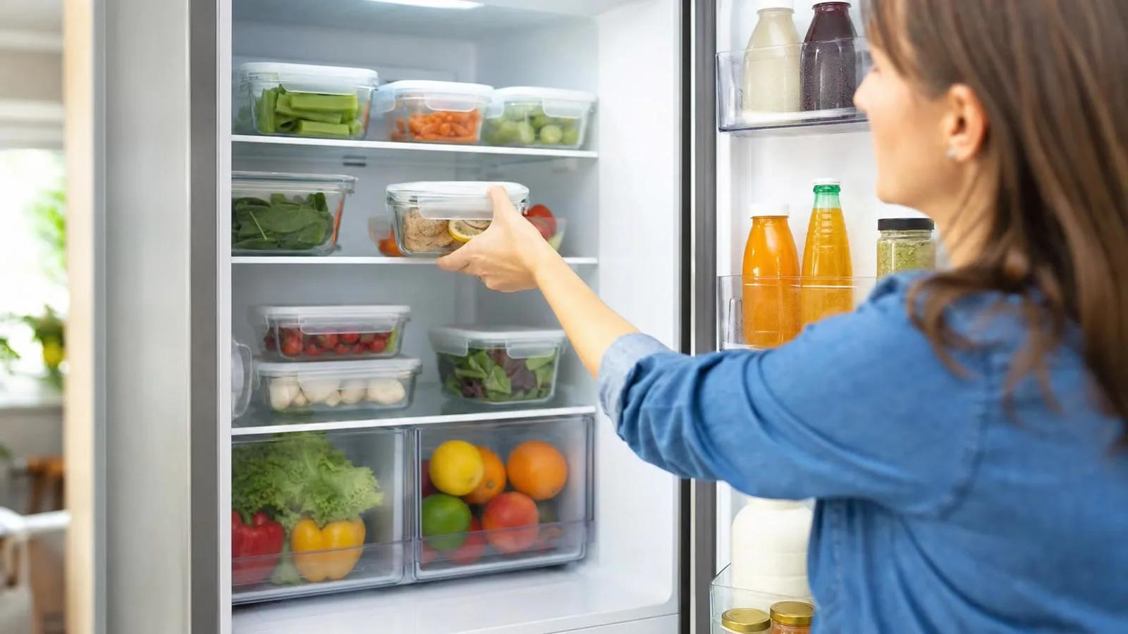 Refrigerador organizado con recipientes hermeticos y alimentos frescos despues de quitar malos olores
