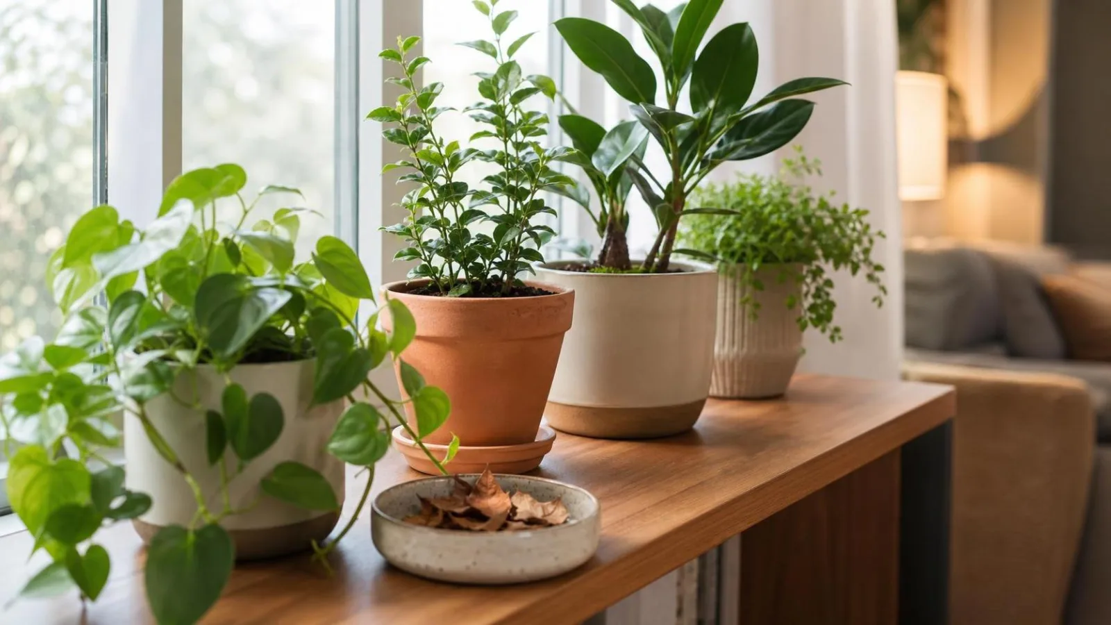 Plantas de interior limpias después de retirar hojas secas y tallos dañados