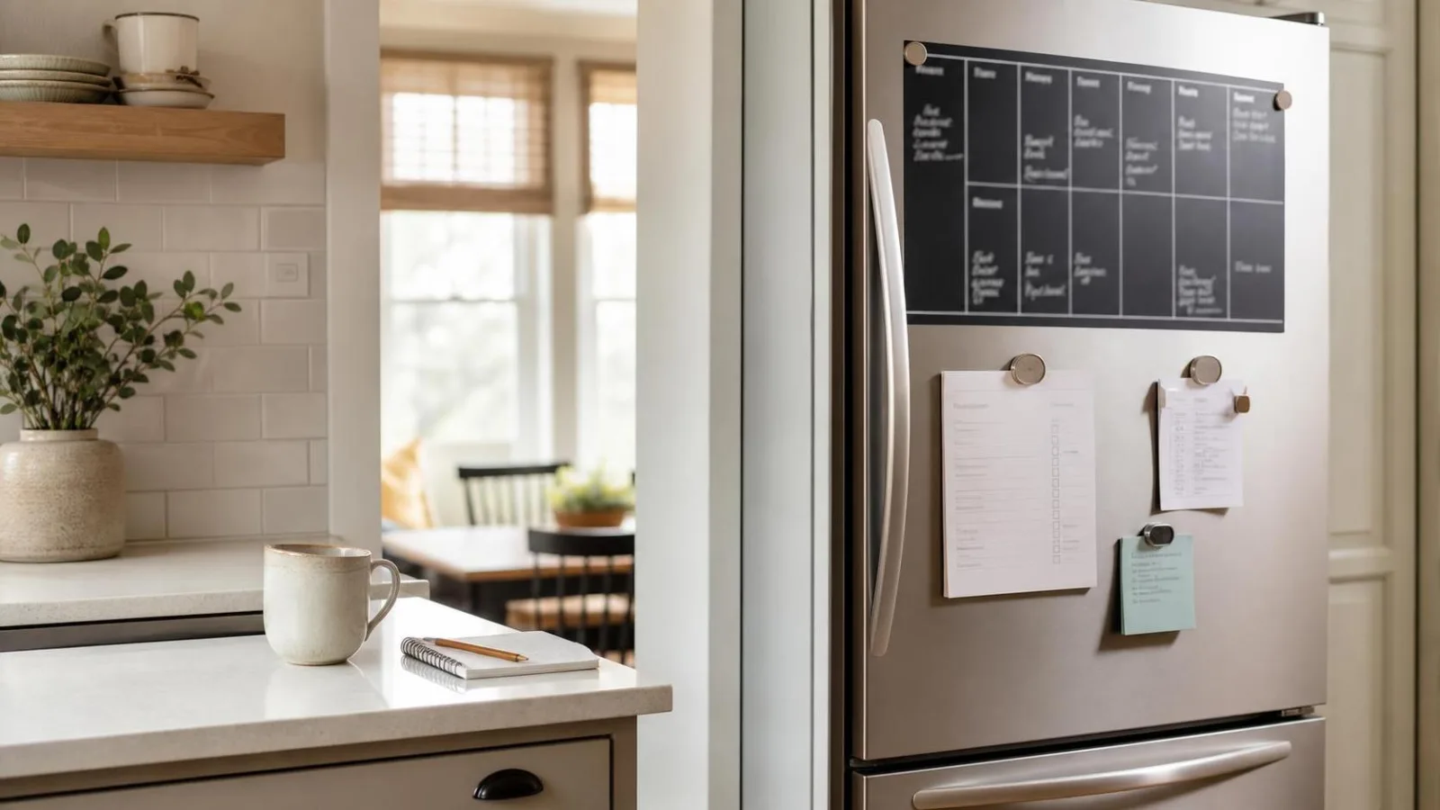 Refrigerador familiar organizado con menu semanal lista de compras y pendientes claros en una cocina ordenada